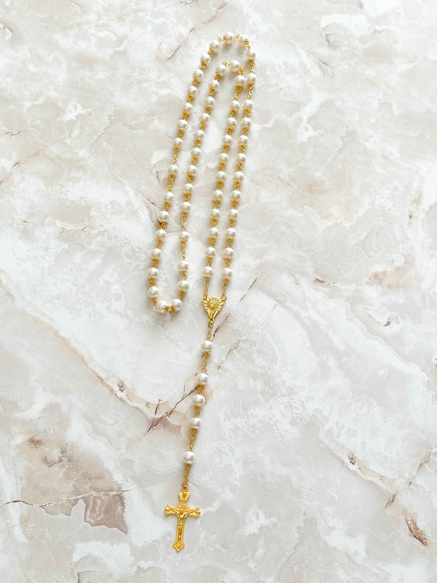 Imitation Pearl Rosary with Golden Bead Caps