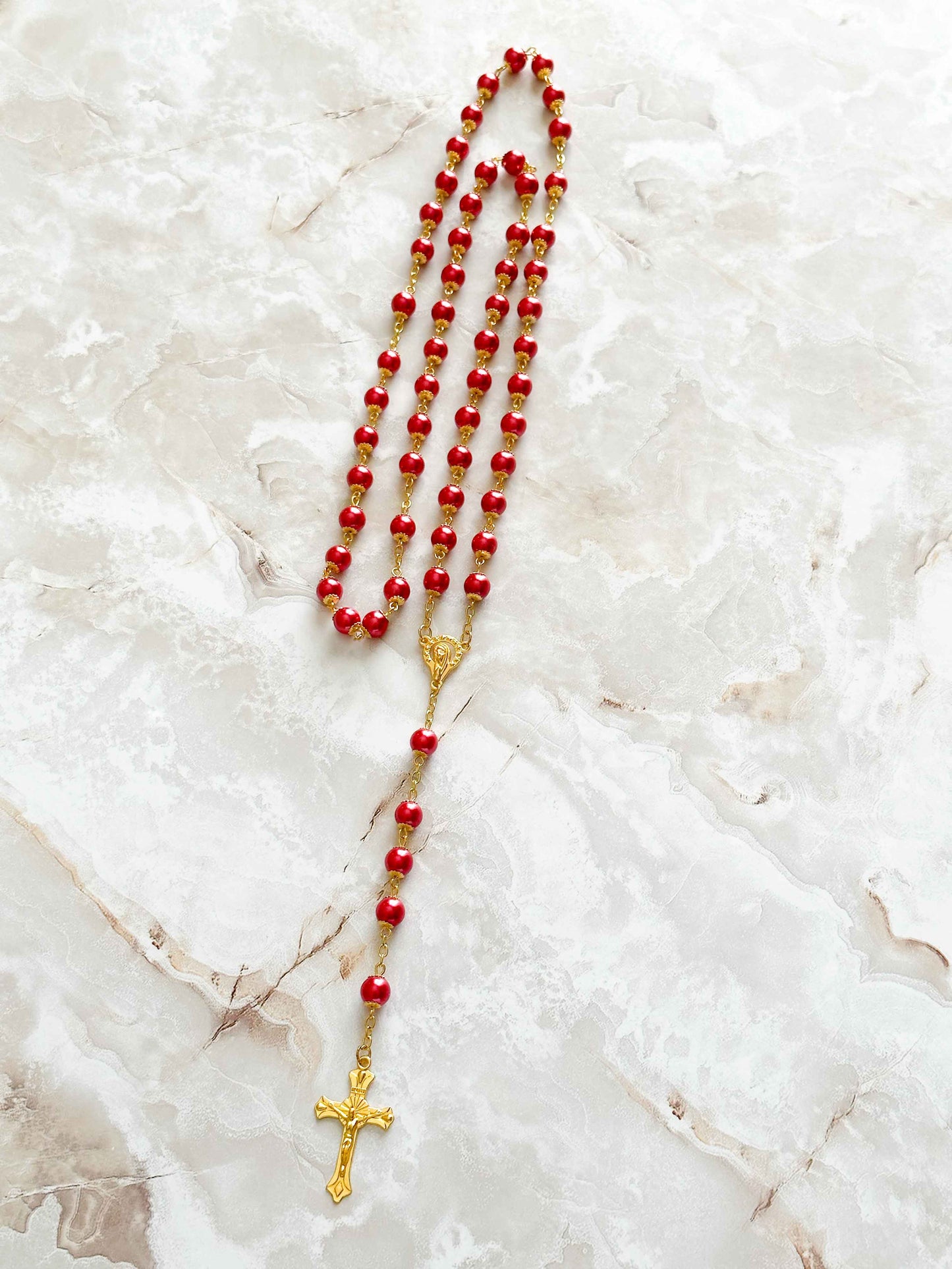 Imitation Pearl Rosary with Golden Bead Caps