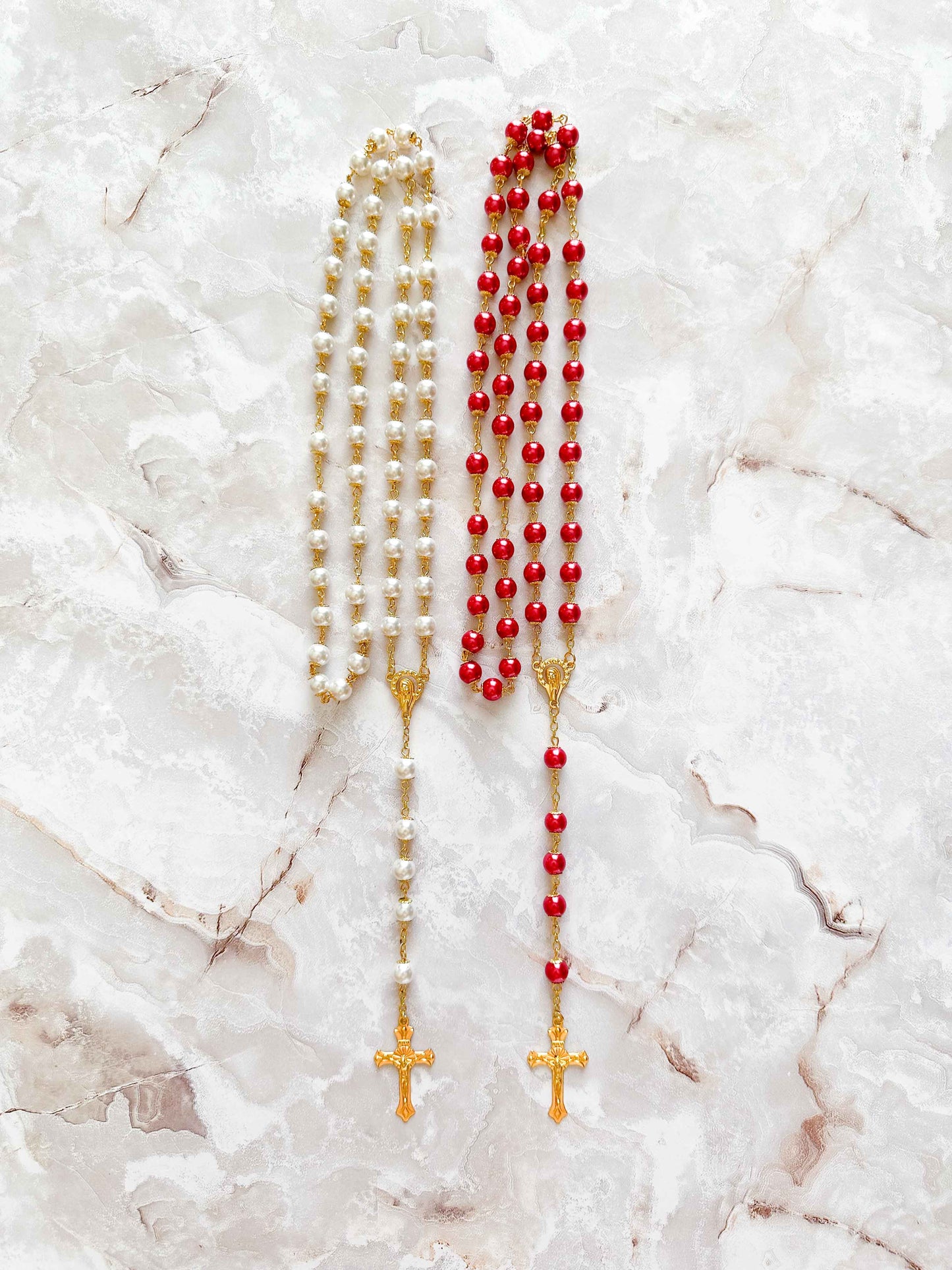 Imitation Pearl Rosary with Golden Bead Caps